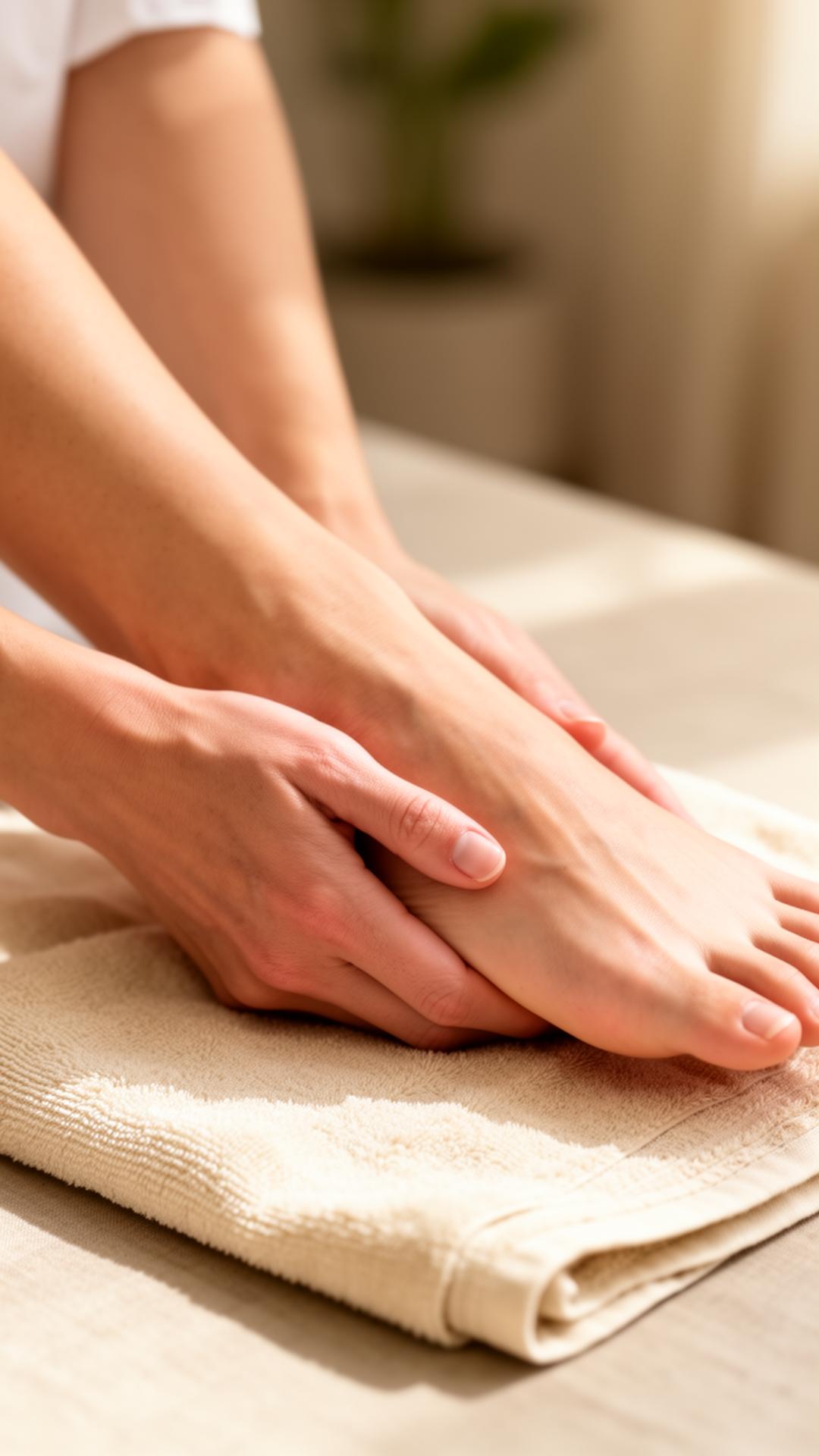 Mains de Sarrra entourant délicatement un pied lors d'un soin à domicile