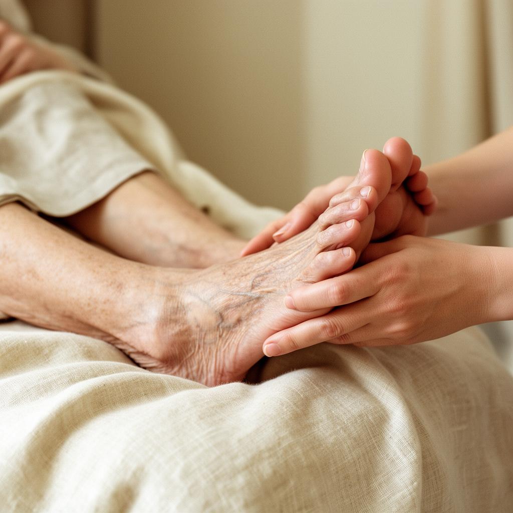 Mains d'une soignante accompagnant doucement la main d'une personne âgée à domicile