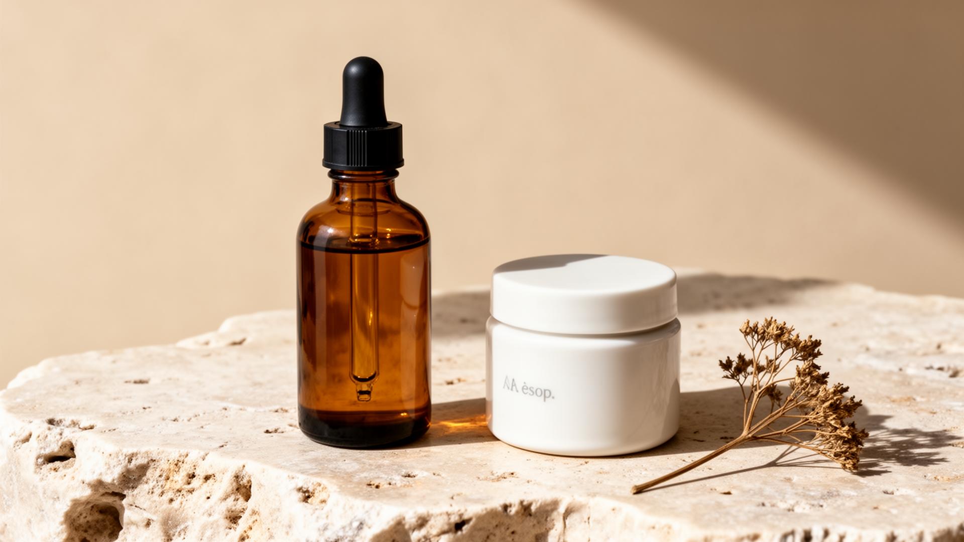 Flacon ambré et pot en céramique — futurs produits SARRRA